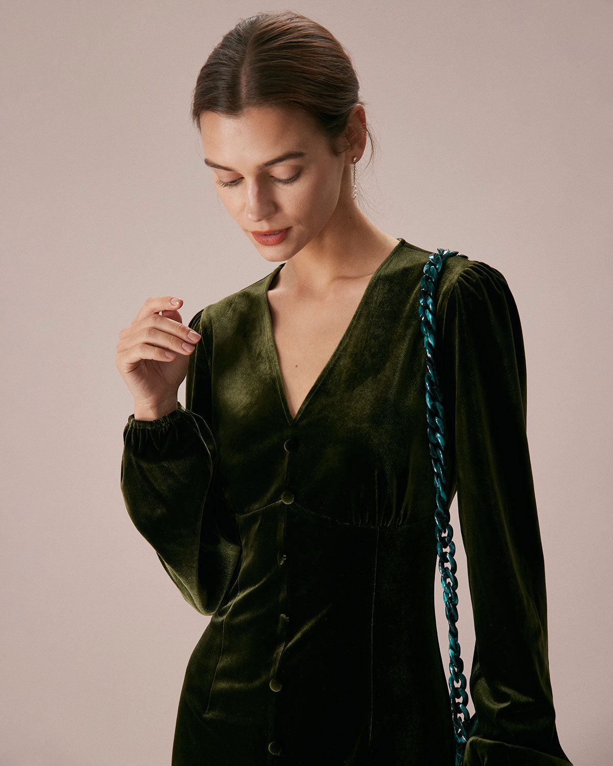 The Green V Neck Button Velvet Midi Dress