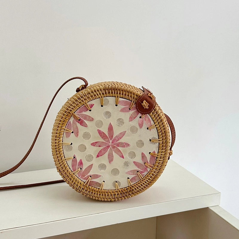 Women's Medium Rattan Floral Elegant Magnetic Buckle Dome Bag