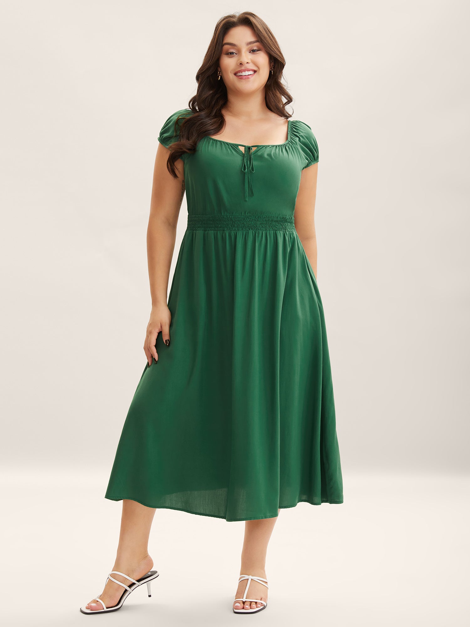 Rayon Keyhole Pockets Solid Milkmaid Dress