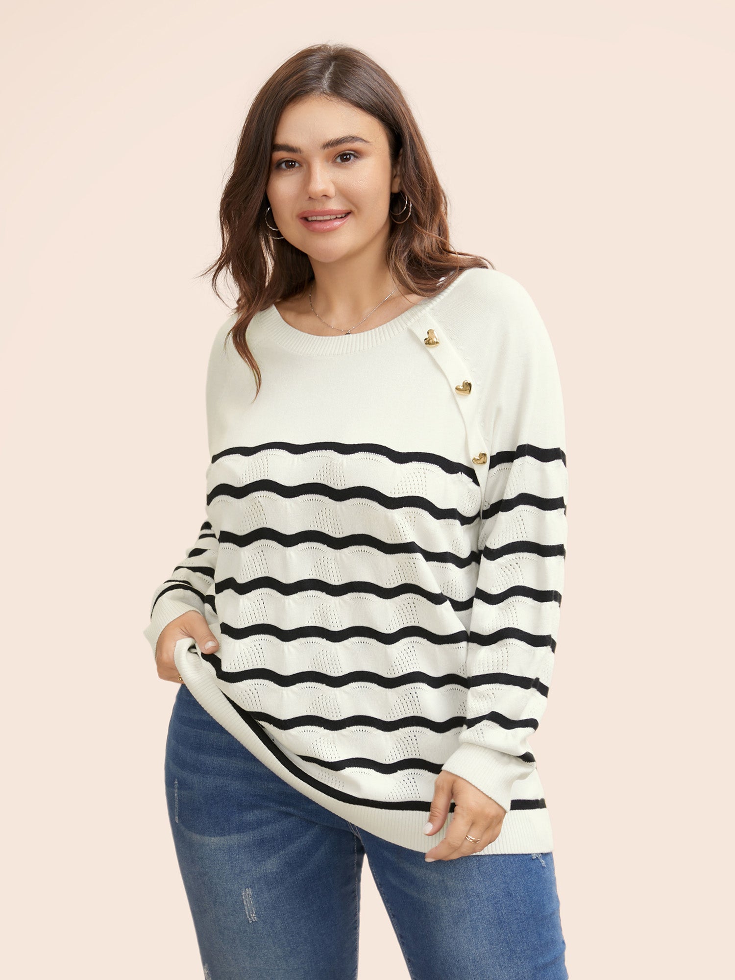 Striped Raglan Sleeve Button Detail Pullover