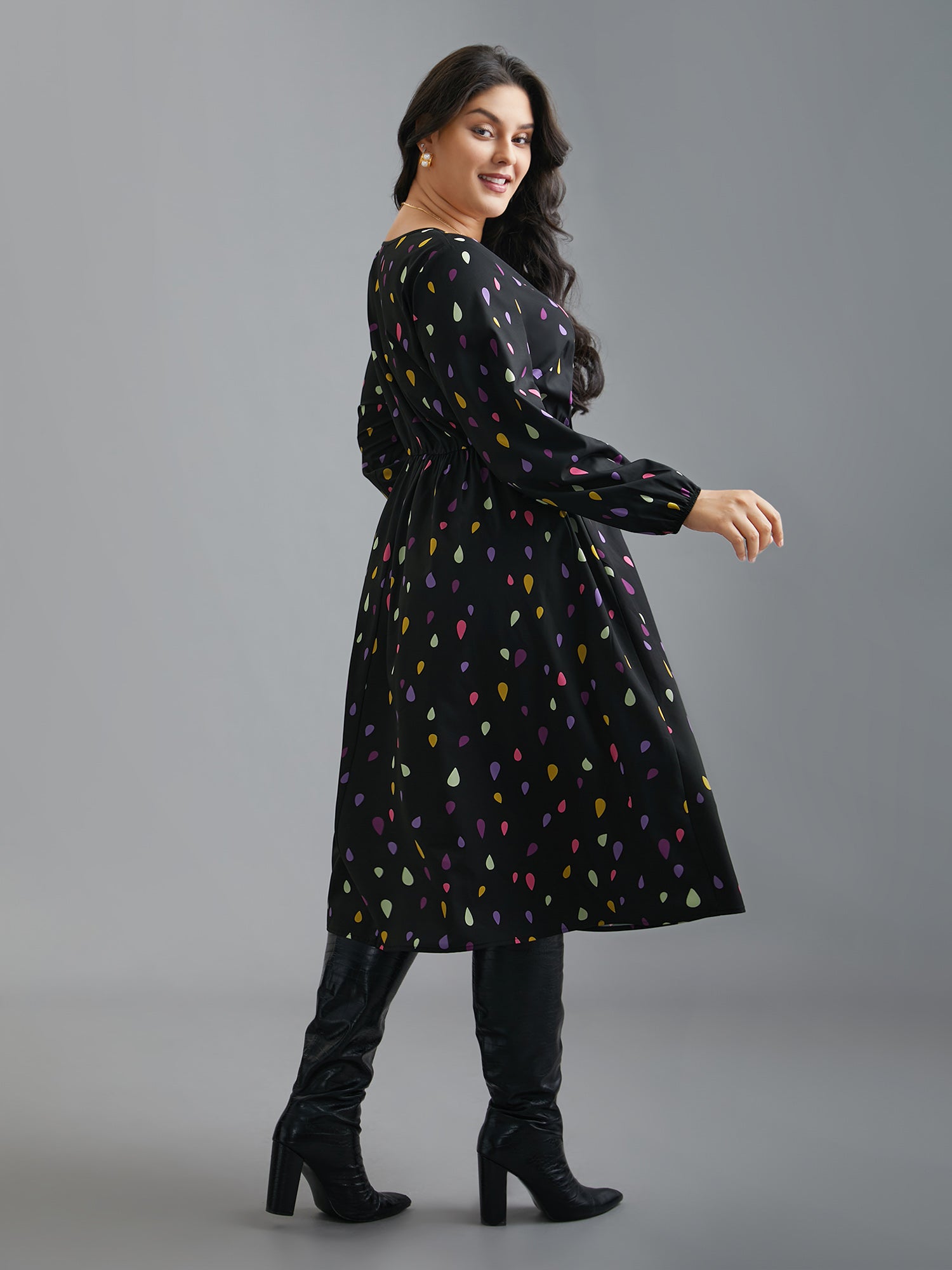 V Neck Color Contrast Lantern Sleeve Dress