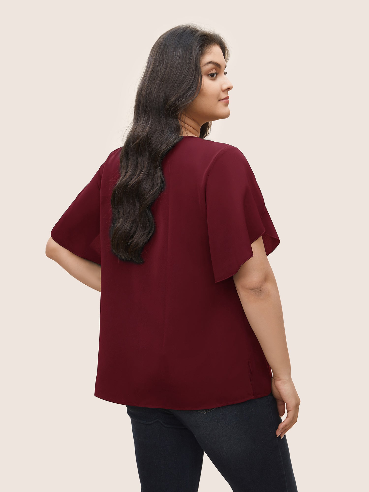 Solid Keyhole Petal Sleeve Pleated Blouse