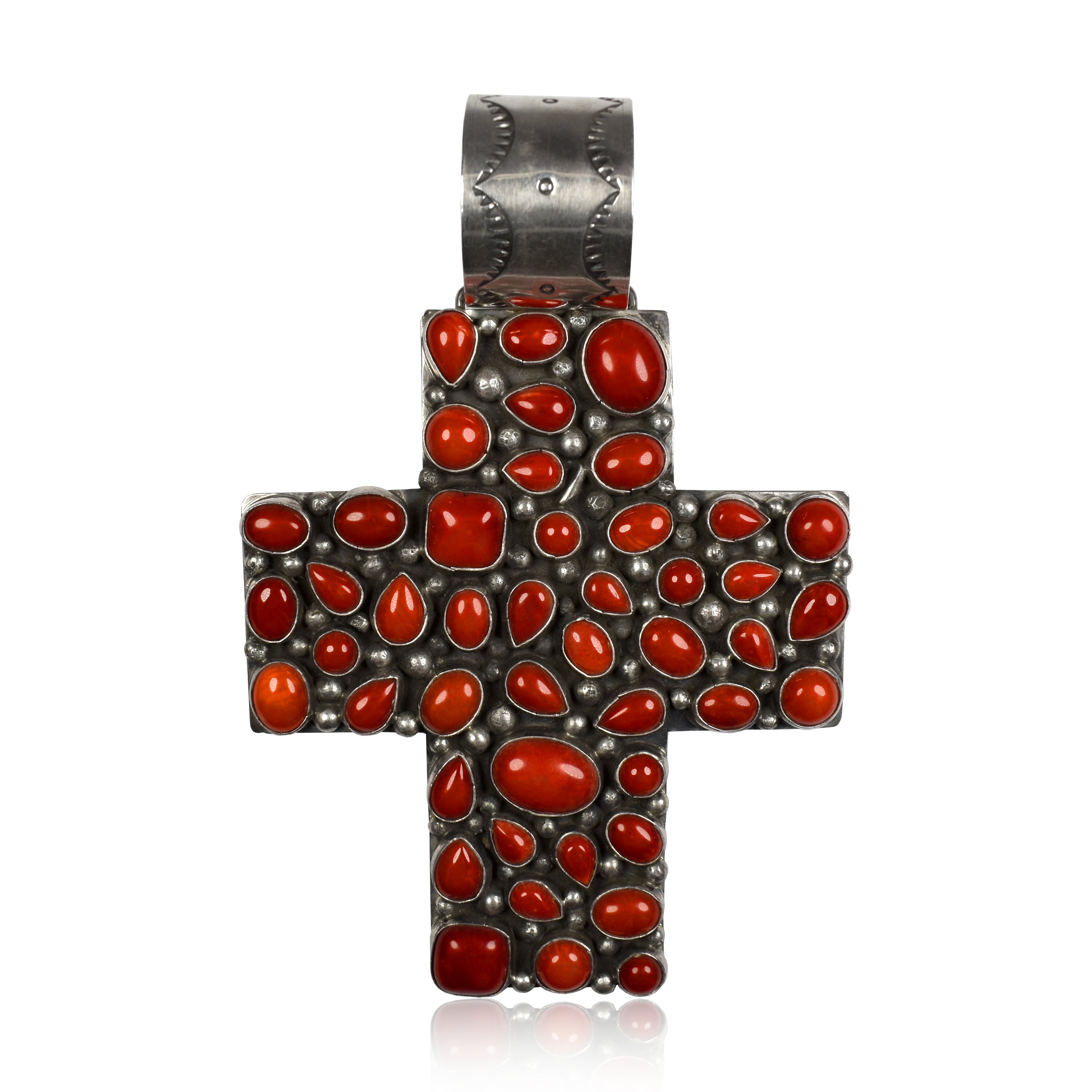 Large Square Cross Pendant with Coral Inlay by Rocki Gorman