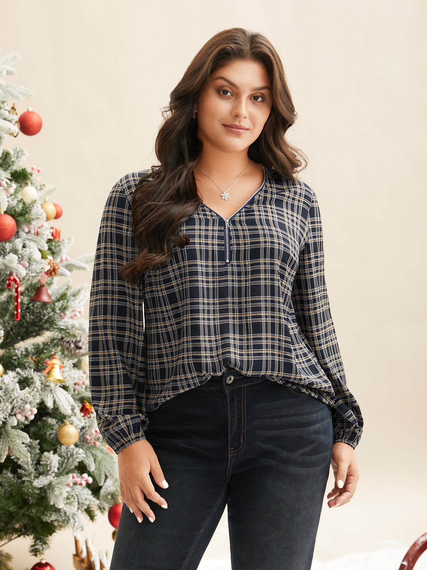 Plaid Zipper Front Lantern Sleeve Blouse