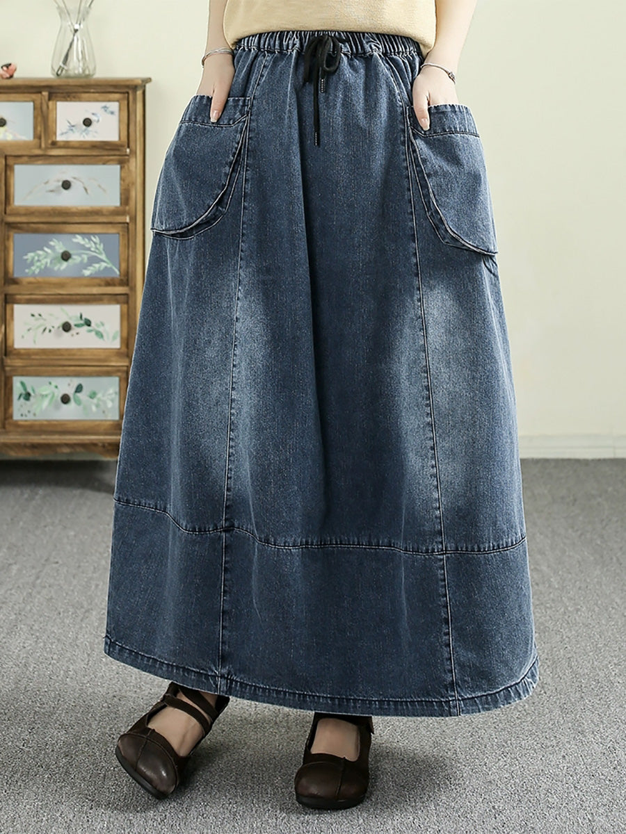 Women Spring Artsy Denim Spliced Pocket Skirt