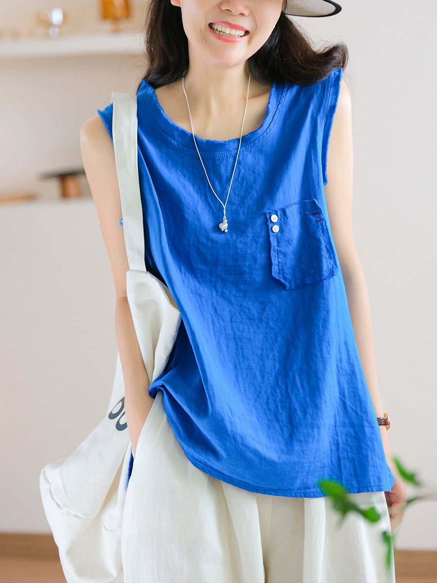 Women Summer Casual Pure Color O-Neck 100%Cotton Vest