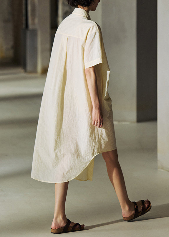 French Beige Peter Pan Collar Asymmetrical Patchwork Cotton Shirts Dresses Summer