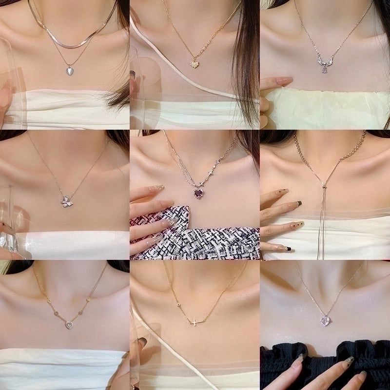 Minimalist Heart Shape Bow Knot Titanium Steel Inlay Zircon Pendant Necklace