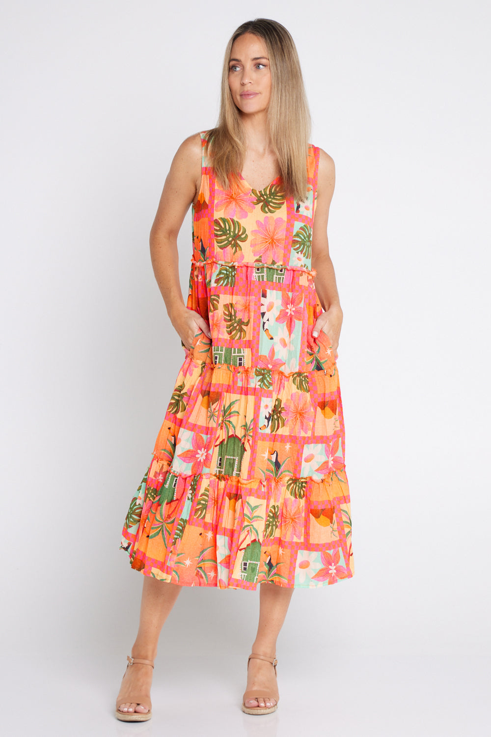 Audrey Tiered Midi Dress - Coral