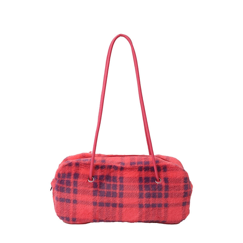 Women's Fur Lattice Plaid Streetwear Pillow Shape Zipper Underarm Bag