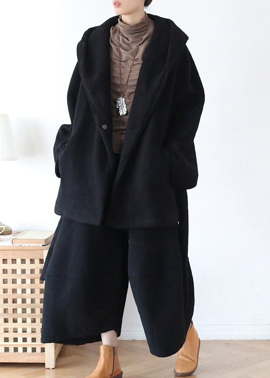 Black Tie Waist Woolen Hooded Coat Long Sleeve
