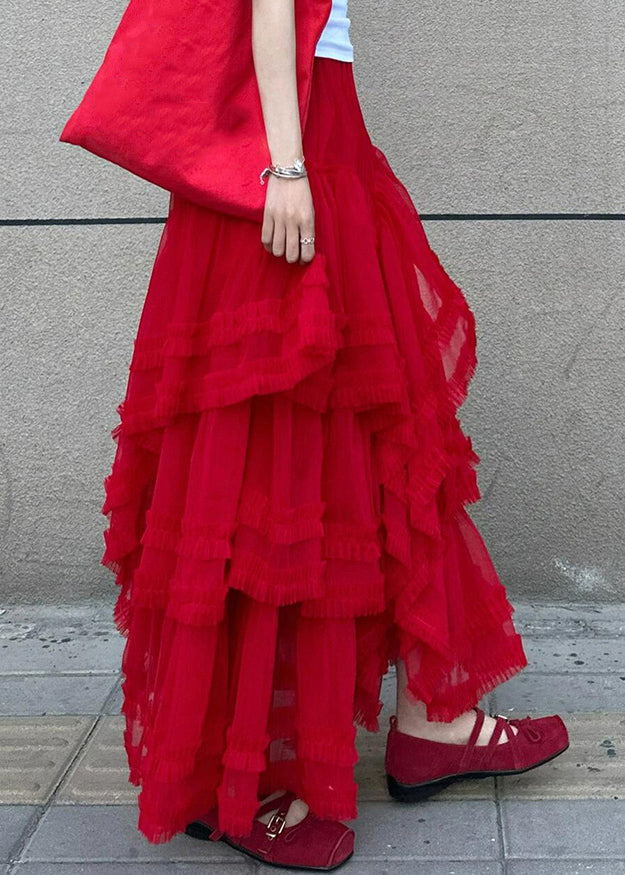 Style Red Elastic Waist Tulle Maxi Cake Skirt Summer