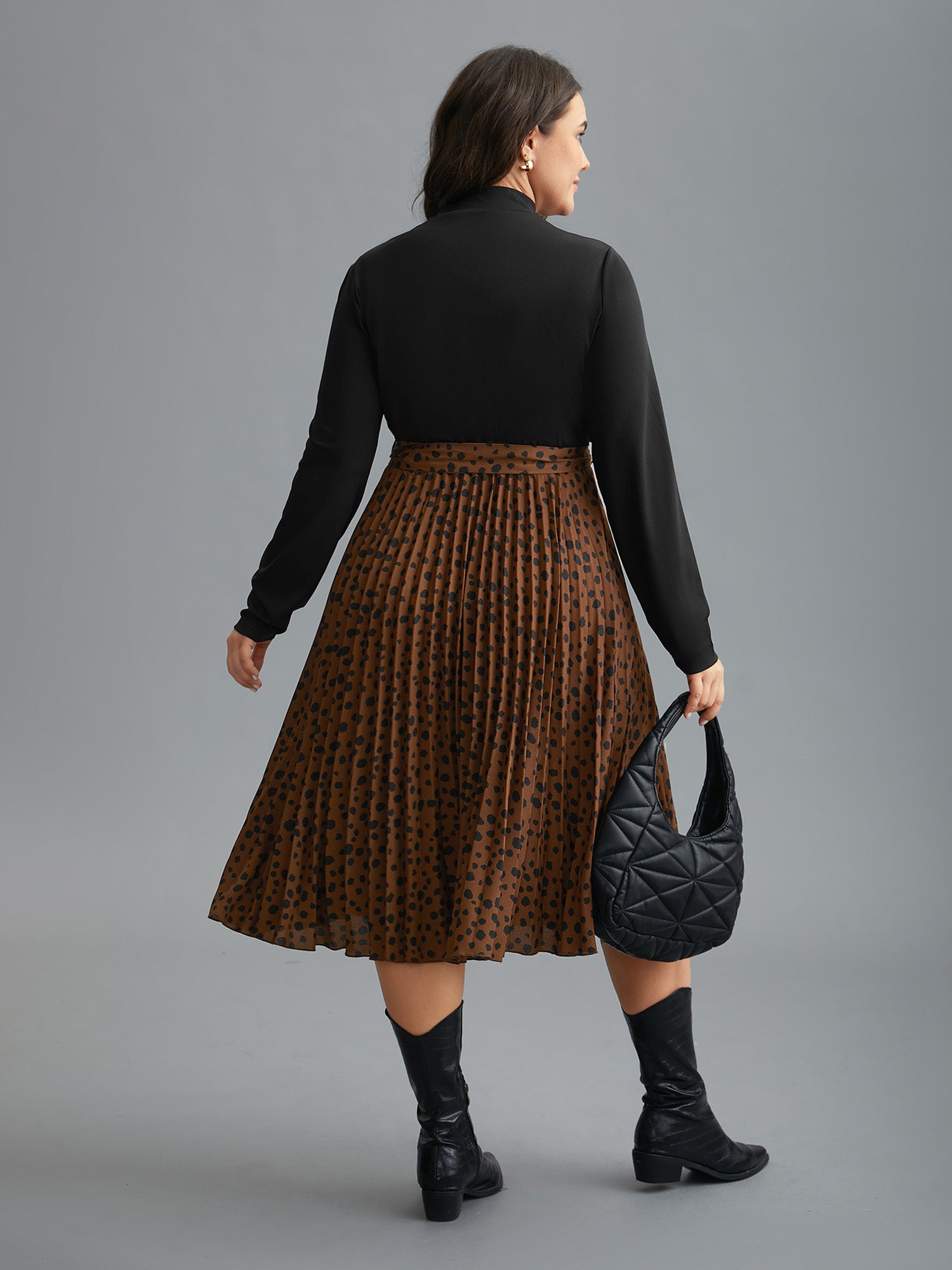 Leopard Print Pleated Mock Neck Midi Dress