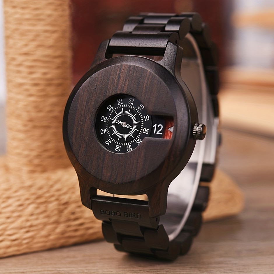 Simple Men's Wooden Watch Vintage Pointer Round Quartz Wrist Watch With Wooden Box Birthday Gift