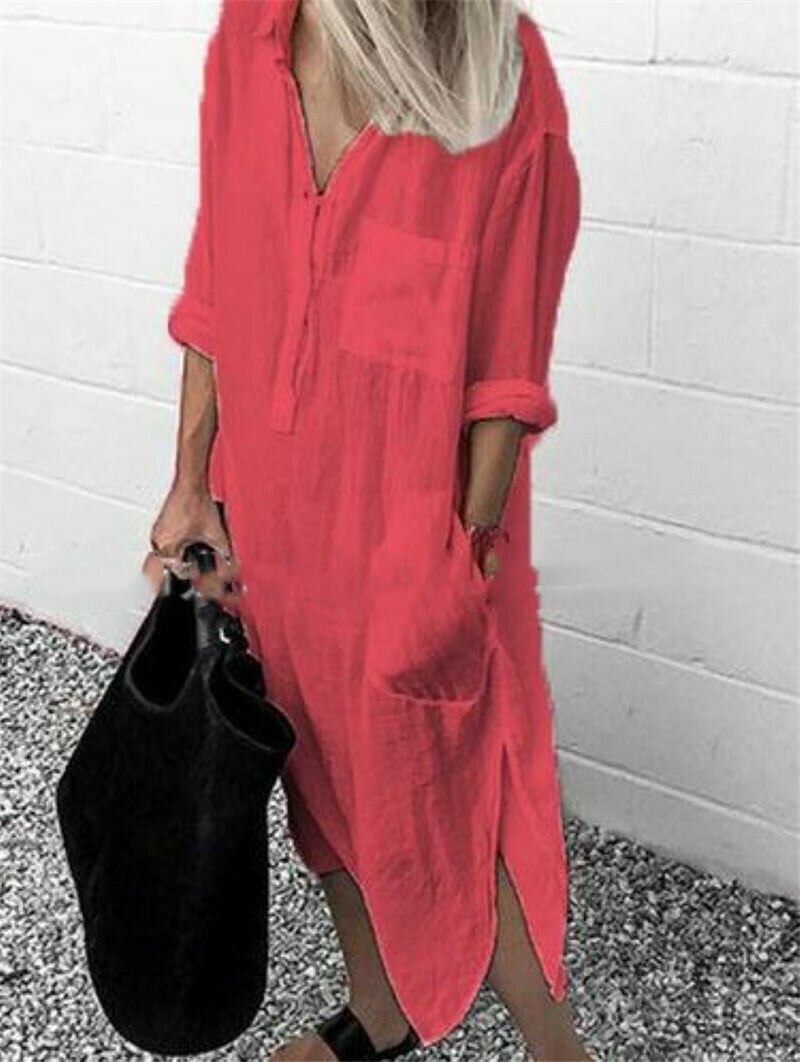 Solid Color Turn-down Collar Slit Long Shirt Dress