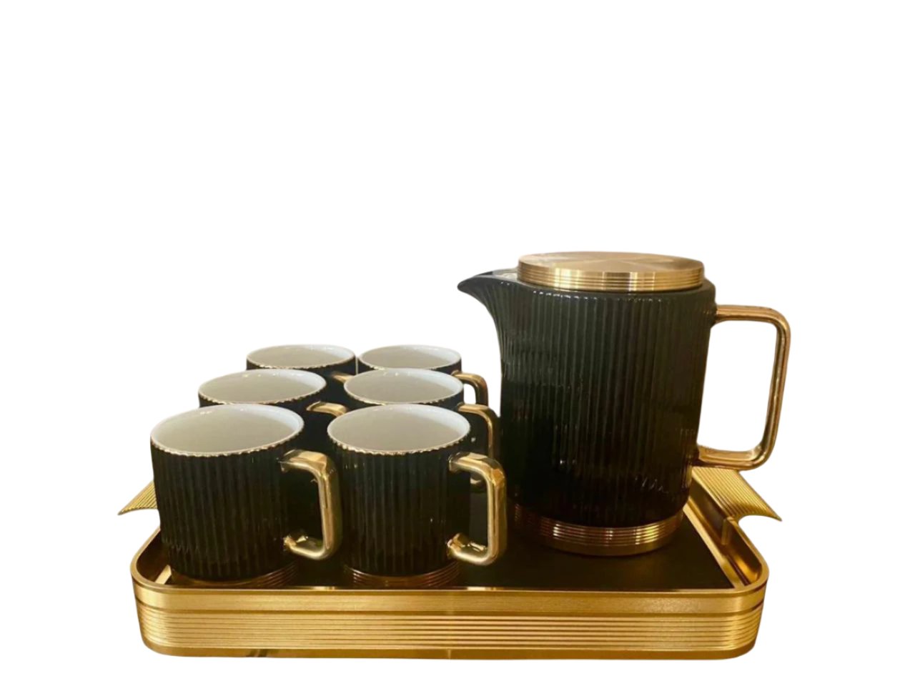 MODERN CERAMIC TEASET WITH METALLIC TRAY