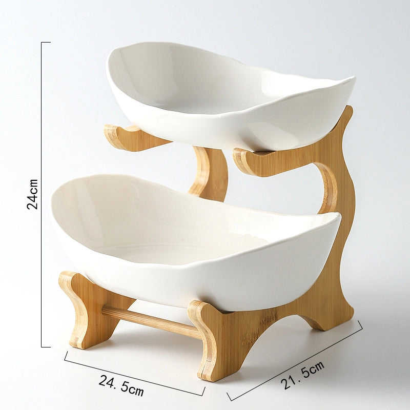 Creative Double-layer Multi-layer Fruit Plate European-style Ceramic Dried Fruit Plate Bamboo Rack Household Sushi Plate Direct Fruit Basket