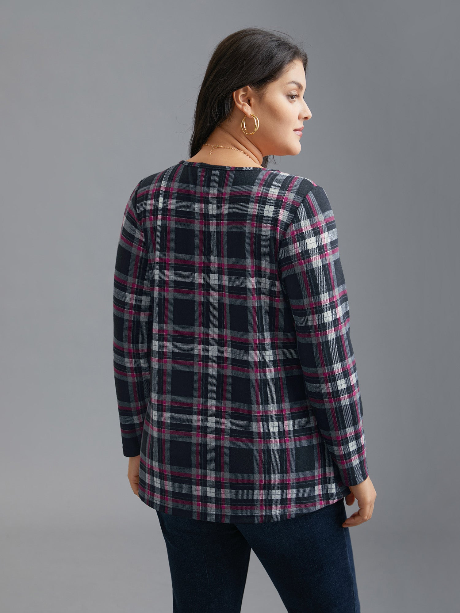 Plaid Pleated Square Neckline Knit Top