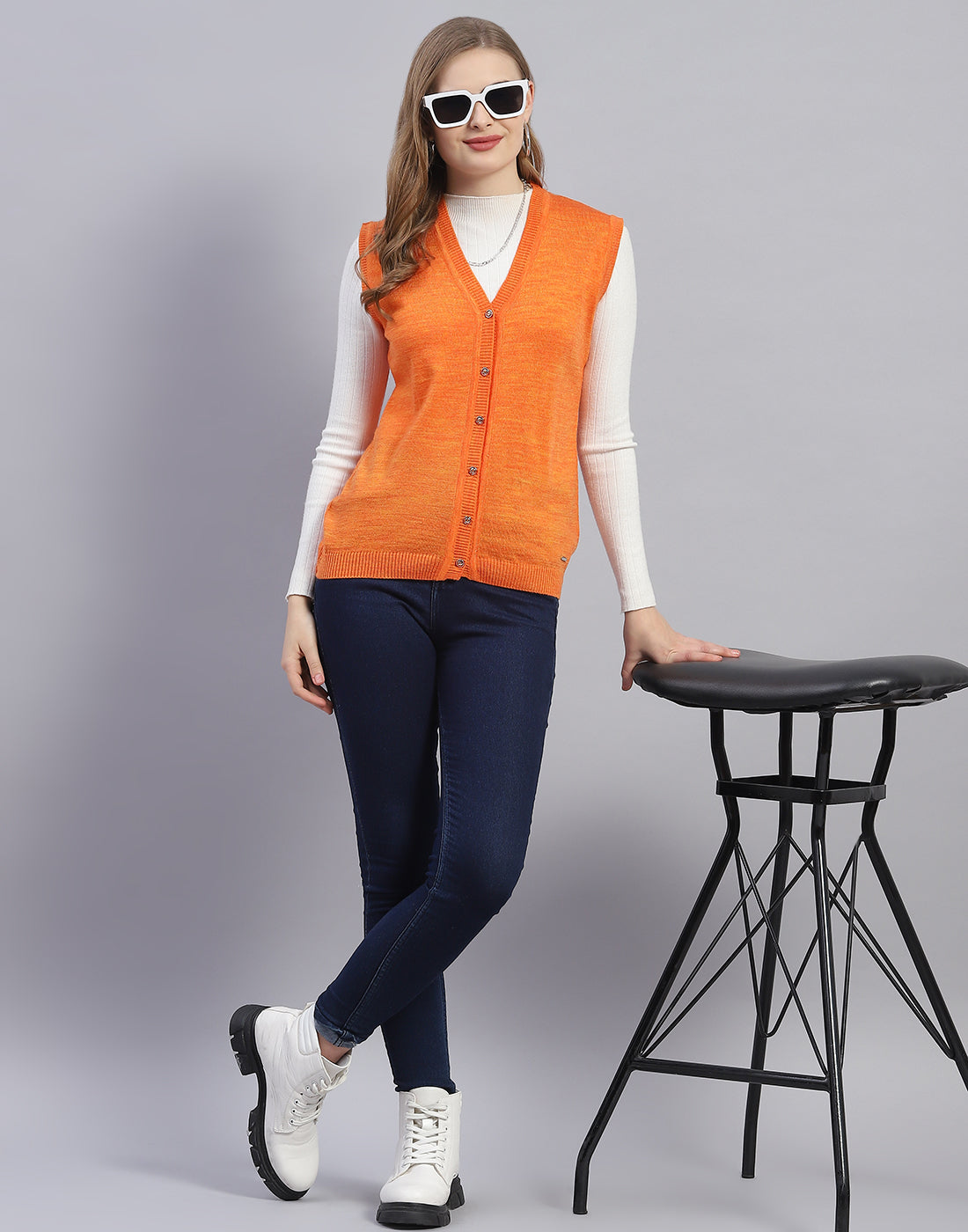 Women Orange Solid V Neck Sleeveless Cardigan