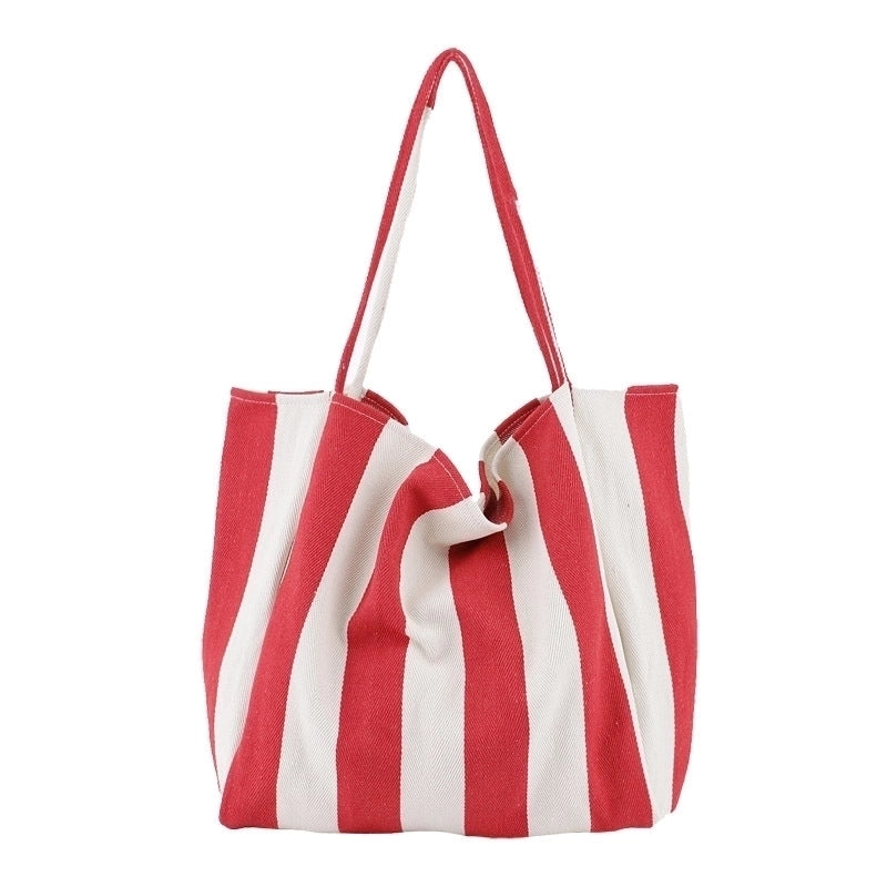 Women's Large Canvas Stripe Basic Classic Style Open Canvas Bag