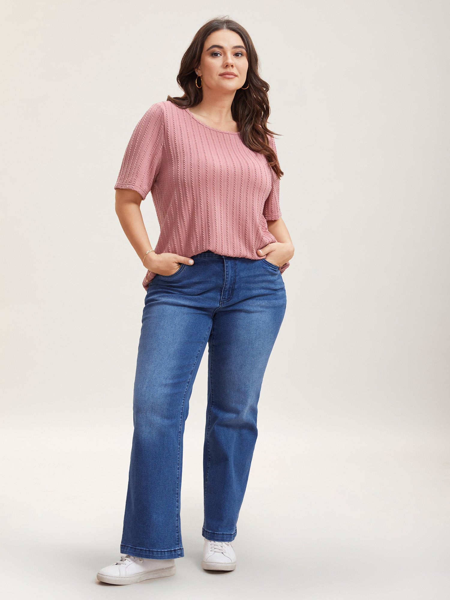 Cable Knit Textured Round Neck T-Shirt