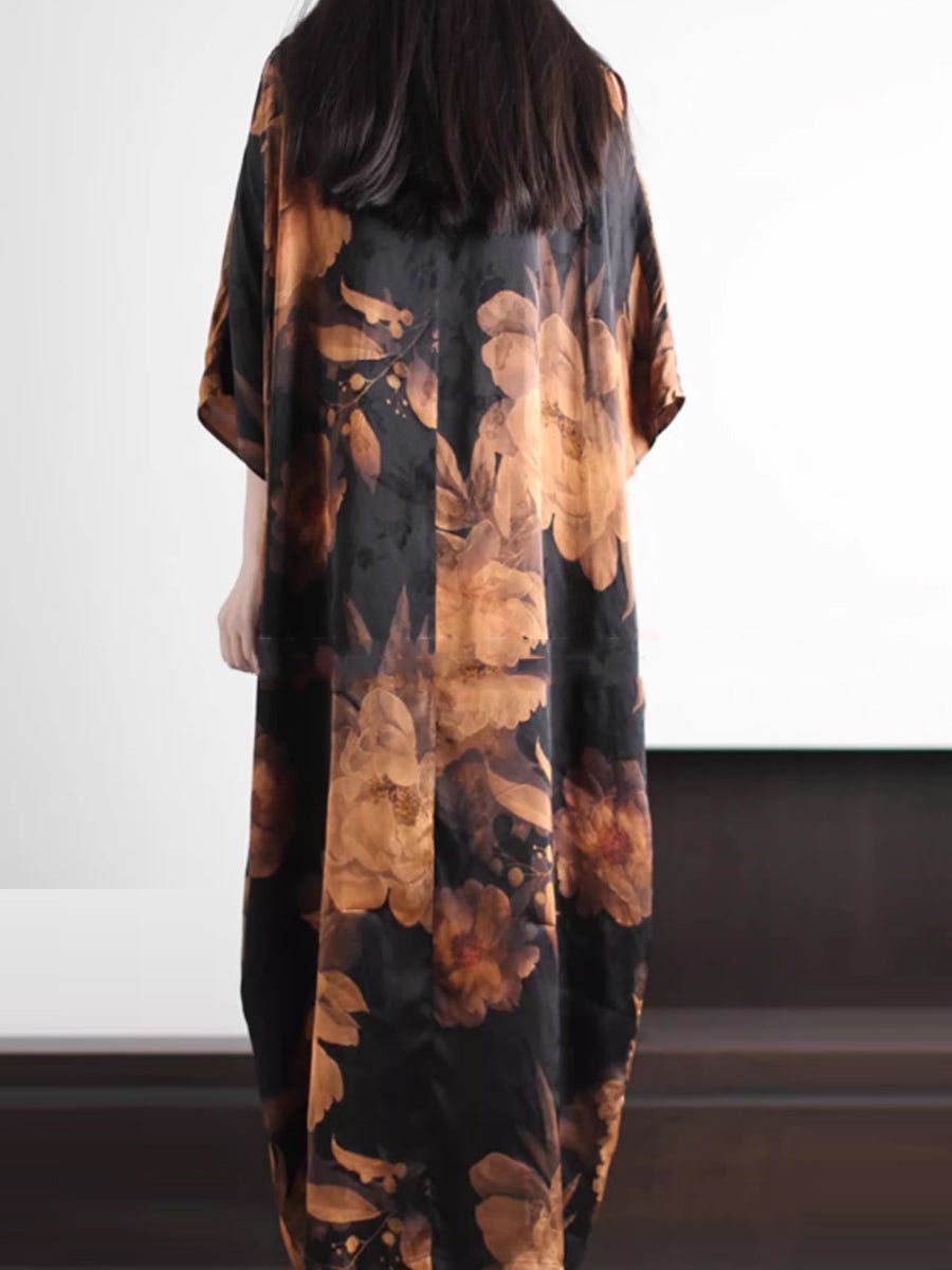 Women Summer Artsy Flower V-Neck Silk Loose Dress