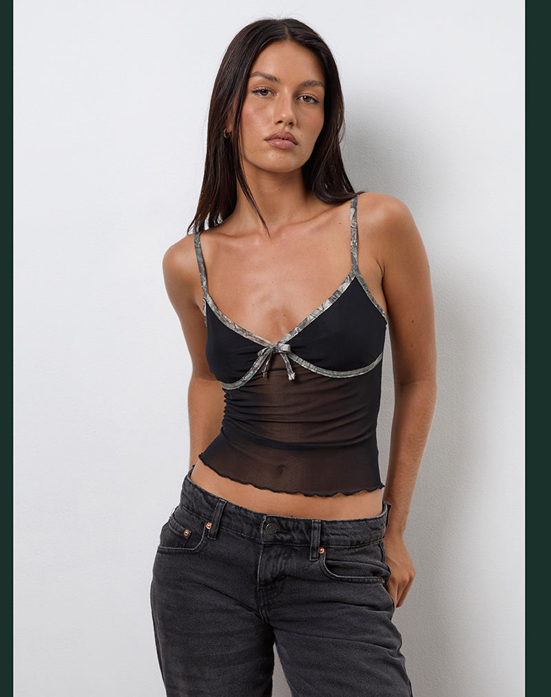 Dalan Cami Top in Black Mesh with Forest Camo Trim