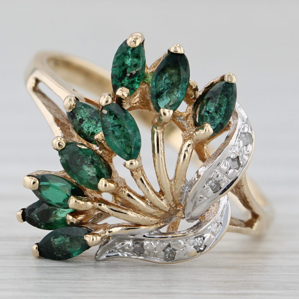 0.70ctw Diamond Emerald Spray Cluster Ring 10k Yellow Gold Size 7
