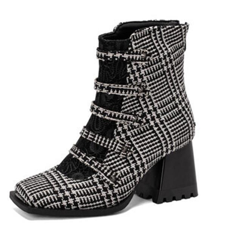 Colorblock Button Decor Square Toe Chunky Heels Ankle Boots