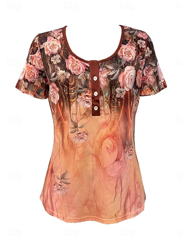 Women's T shirt Tee Ombre Floral Button Daily Casual Short Sleeve U Neck Rose Gold Summer