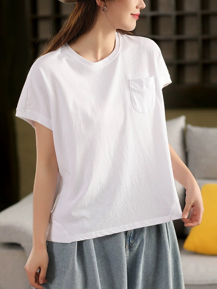 Women Summer Retro Pure Color O-Neck 100%Cotton Shirt