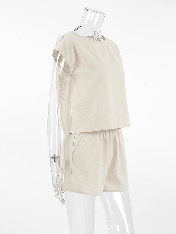 Loose Sleeveless Solid Color Split-Joint Round-Neck Vest Top + Elasticity Shorts Bottom Two Pieces Set