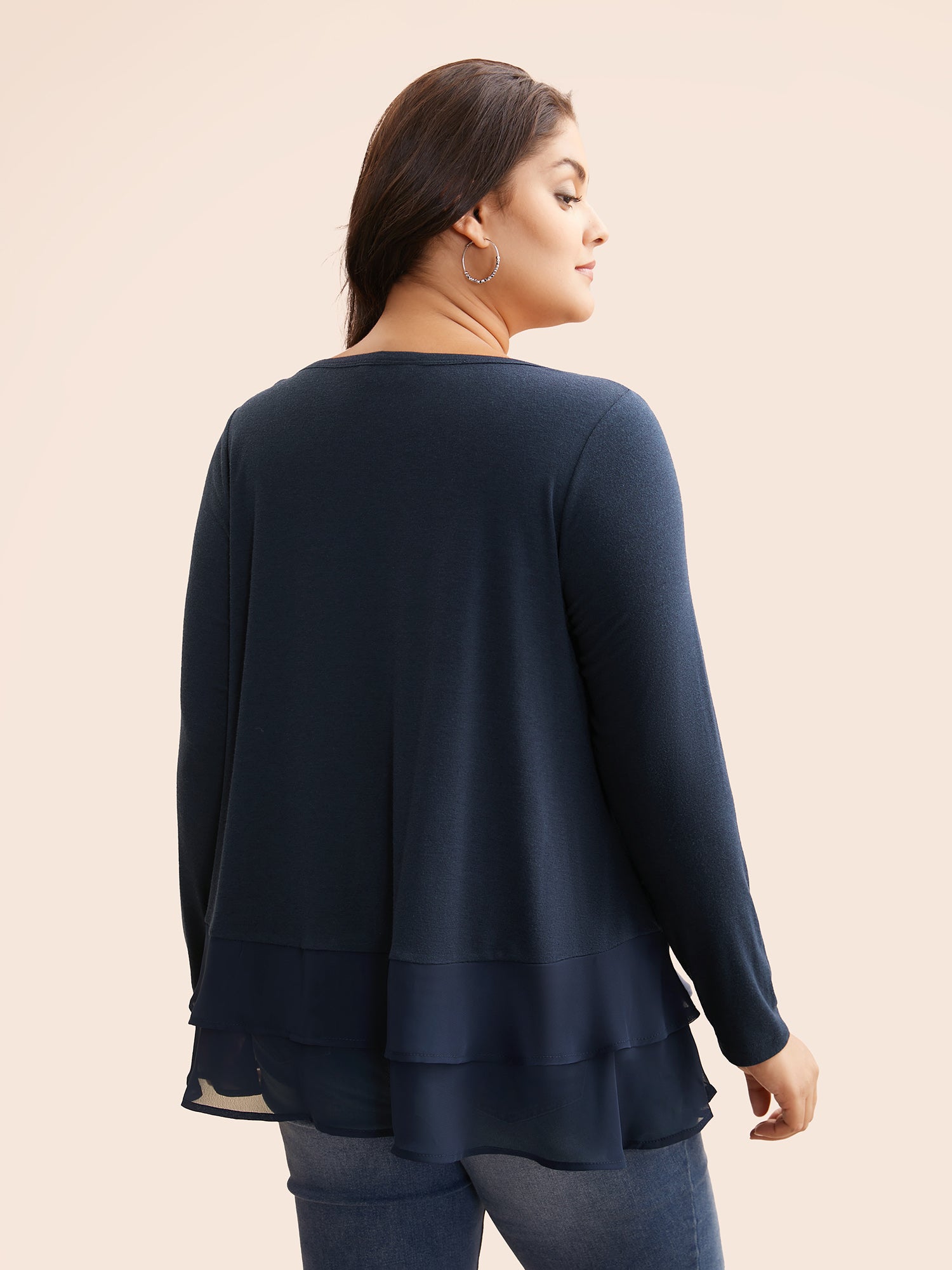 Boat Neck Patchwork Mesh Ruffles Top