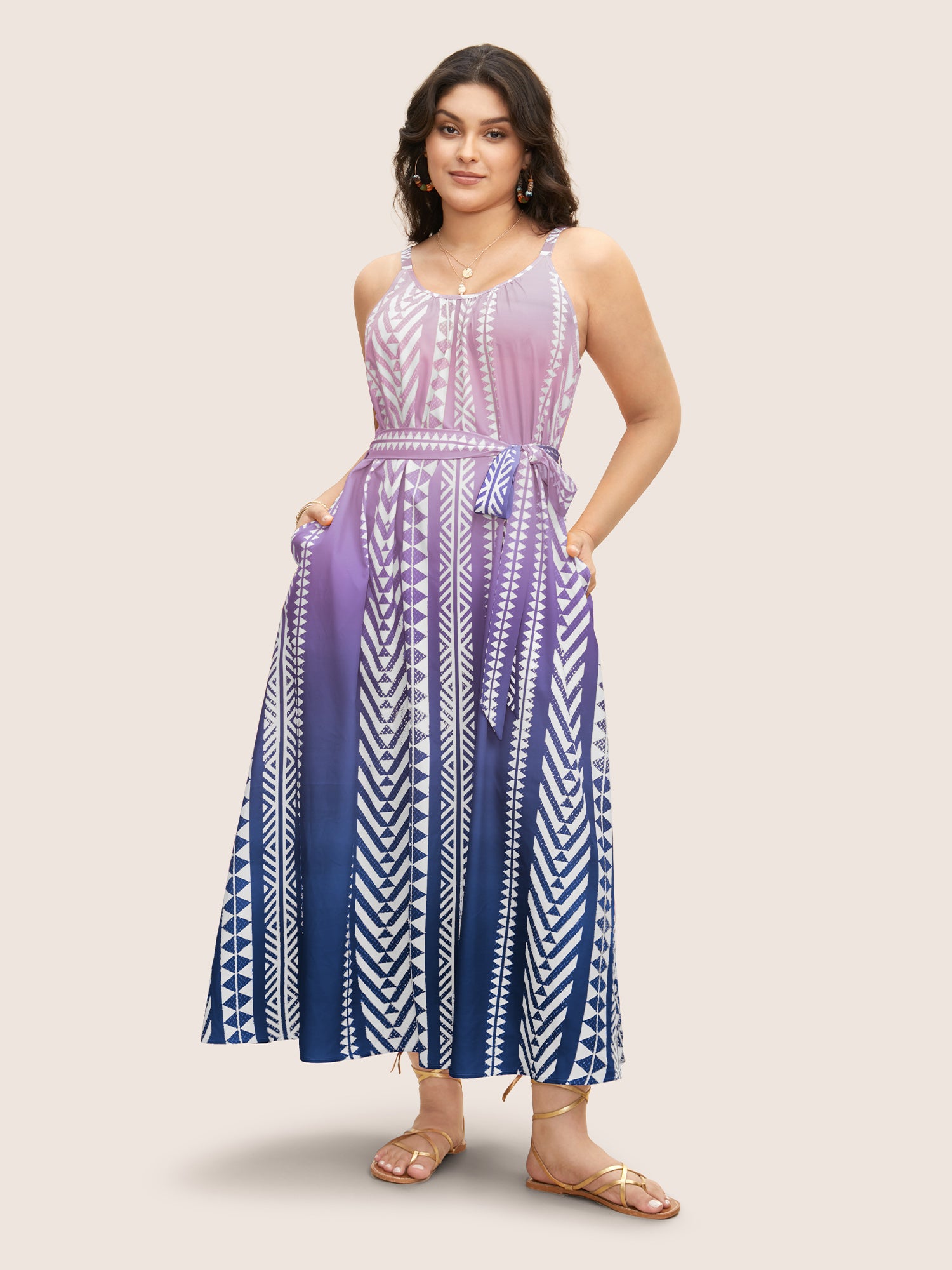 Ombre Contrast Geometric Belted Maxi Dress