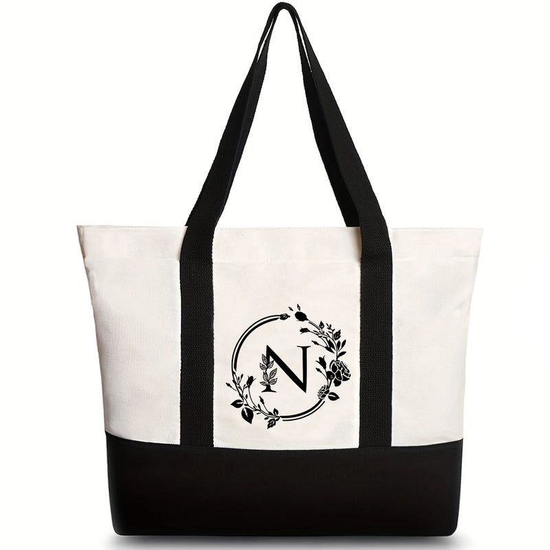 Women's Medium Canvas Letter Flower Classic Style Square Zipper Shoulder Bag