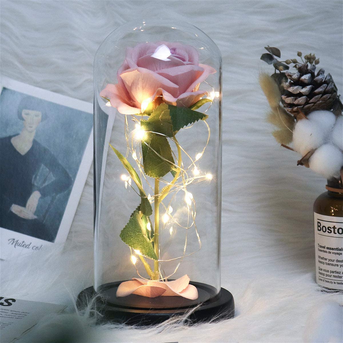 Rose That Lasts Forever in a Glass Dome with Led Lights.Gift for Mothers Day Valentine's Day Birthday Party Wedding Anniversary