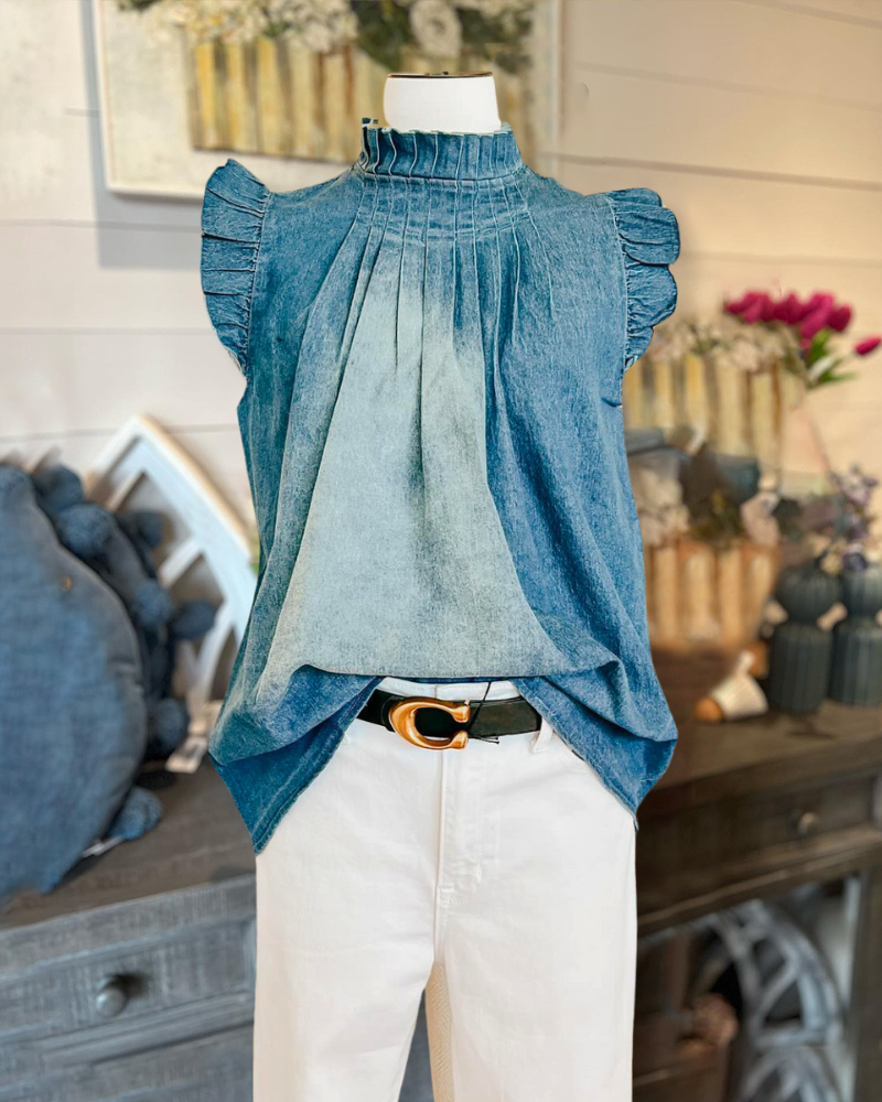 Ruffle Button Denim Top