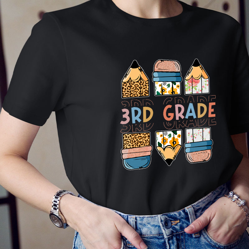 Personalized Grade Back To School Colored Pencil Teacher T-Shirt