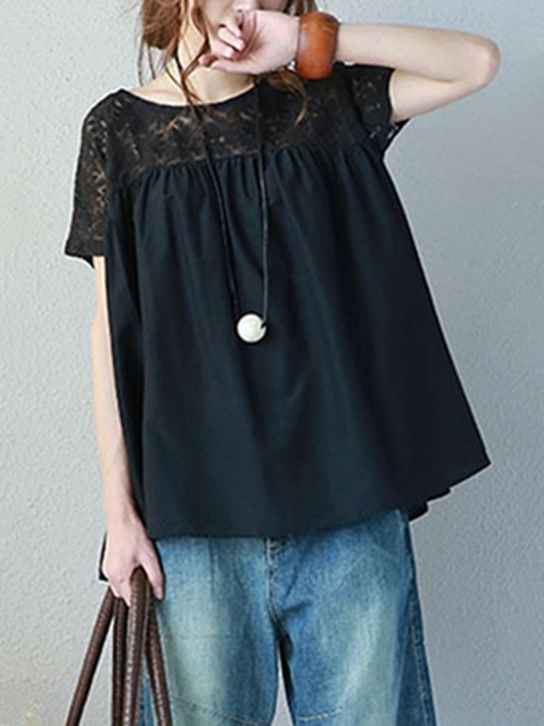 Vintage Solid Color Split-Joint Pleated Embroidered Hollow Lace Round-Neck Short Sleeves T-Shirt
