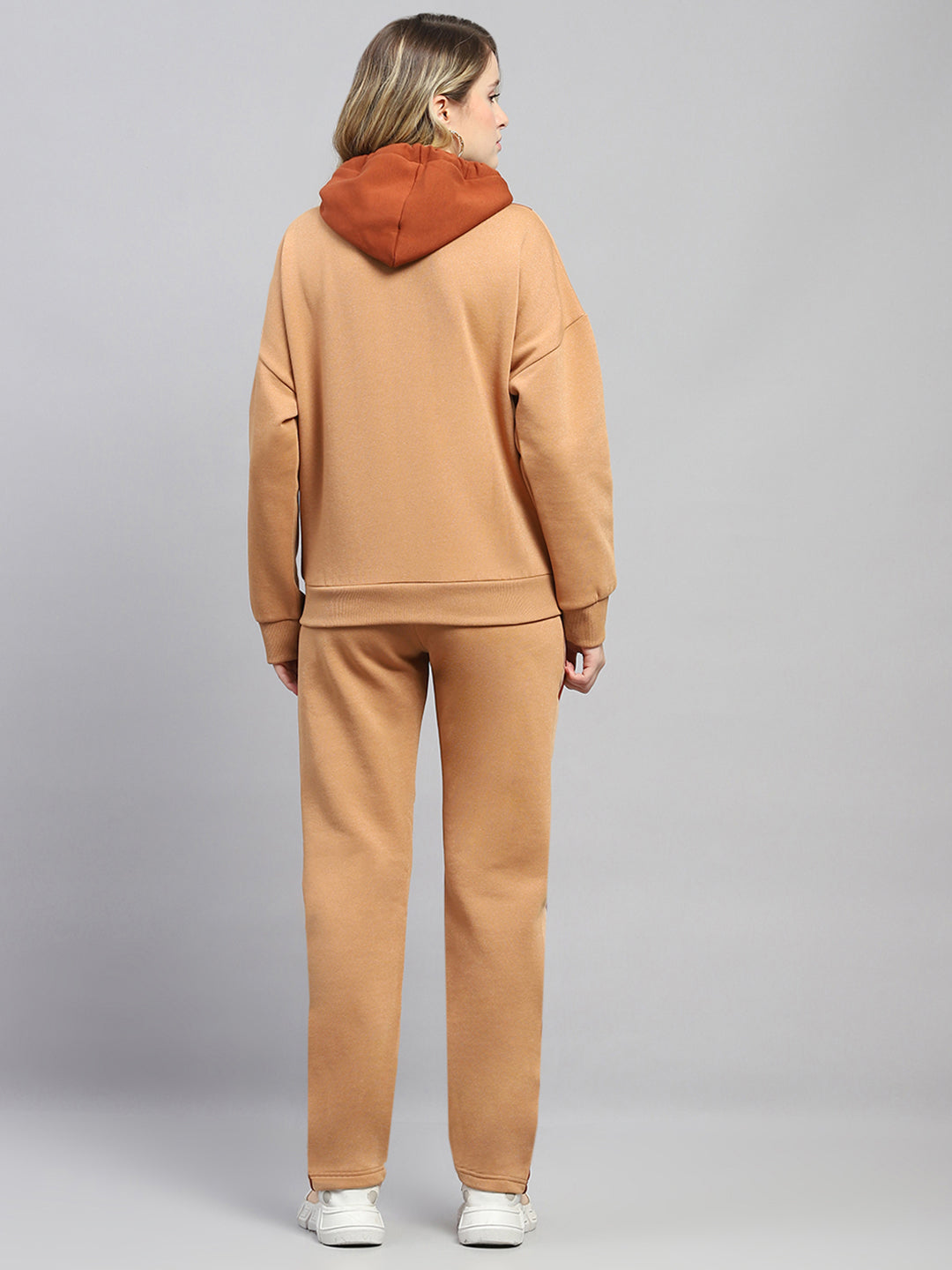 Women Rust Solid Hooded Full Sleeve Tracksuit