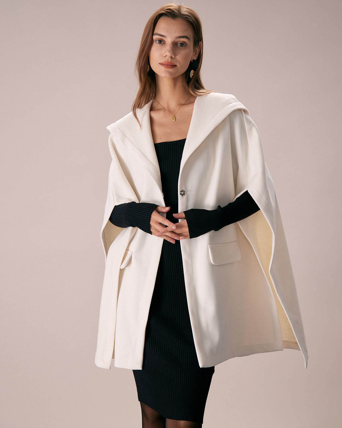 The White Hooded Batwing Sleeve Cape Coat