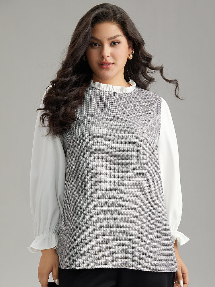 Gingham Ruffles Patchwork Frill Trim Blouse