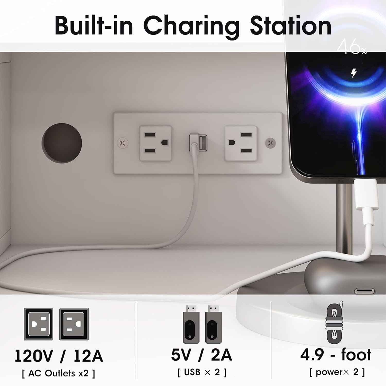 Makeup Vanity Desk with Lights and Mirror White Vanity Table Set with Charging Station