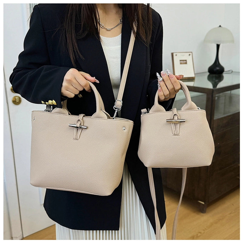 Women's Pu Leather Solid Color Classic Style Sewing Thread Bucket Zipper Lock Clasp Crossbody Bag
