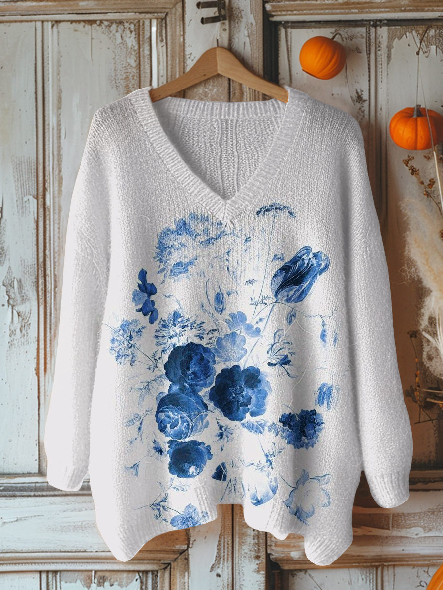 Women's Diabetes Awareness Art Print V-Neck Knitted Pullover Sweater