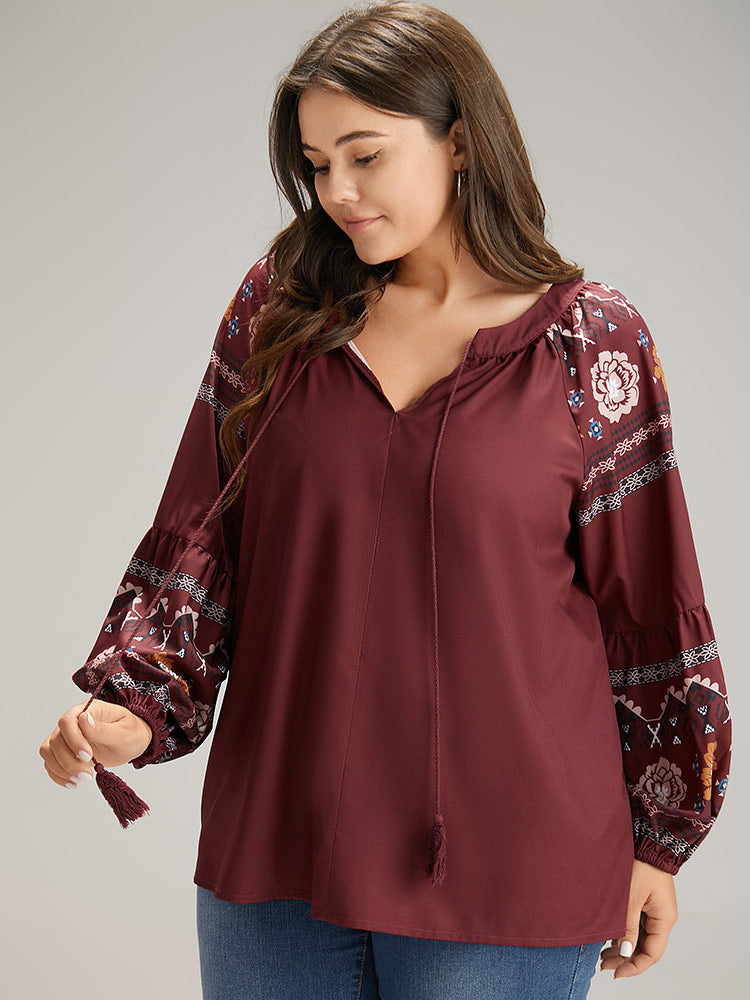 Boho Print Tie Neck Tassel Trim Blouse
