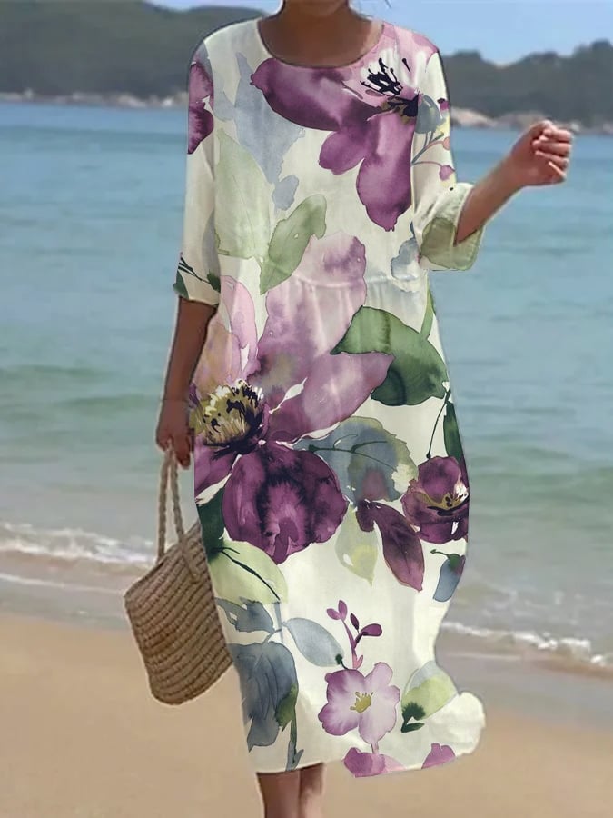 Ladies Botanical Floral Design Casual Loose Dress