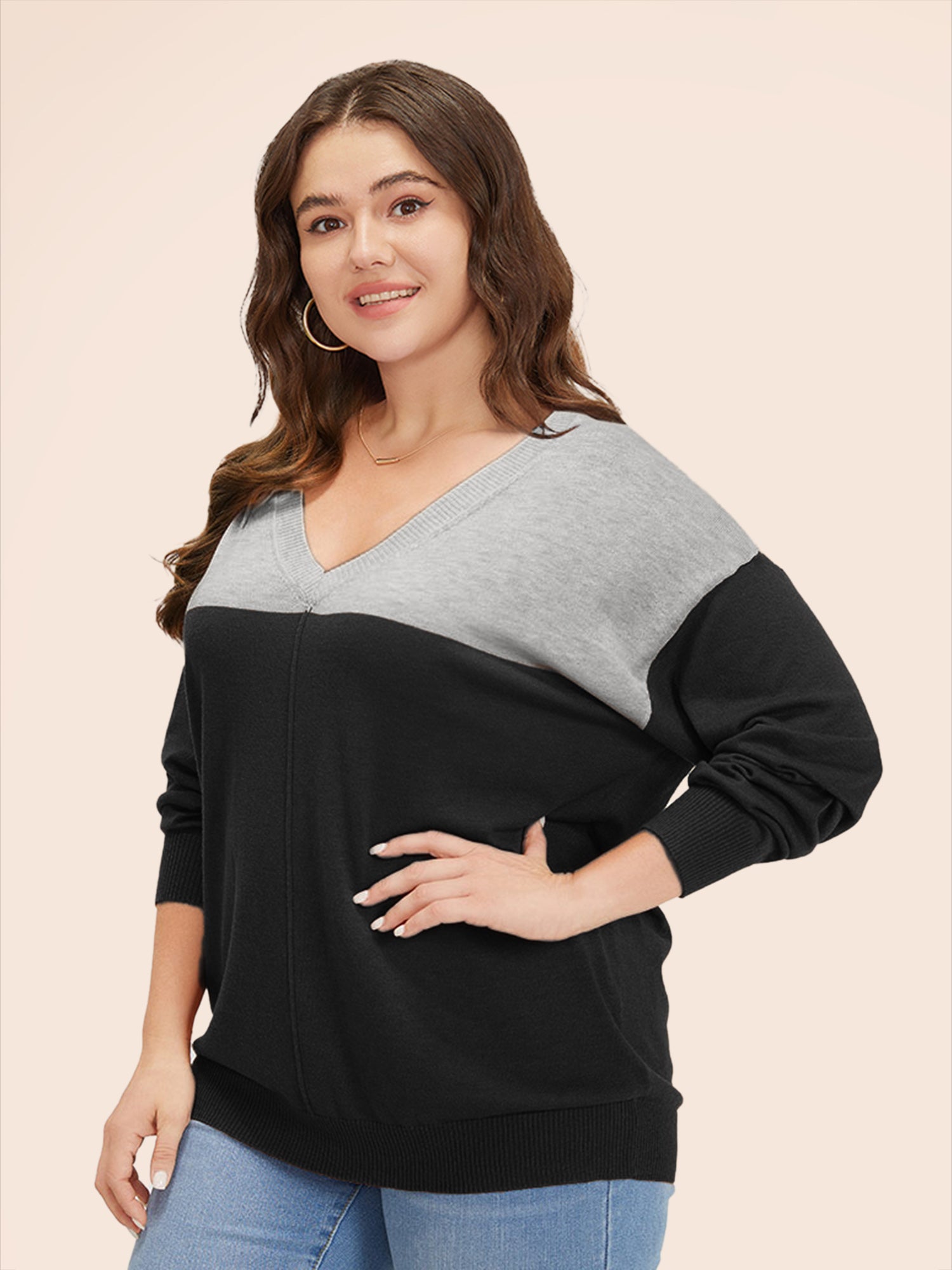 Supersoft Essentials Colorblock Two Tone Patchwork V Neck Pullover