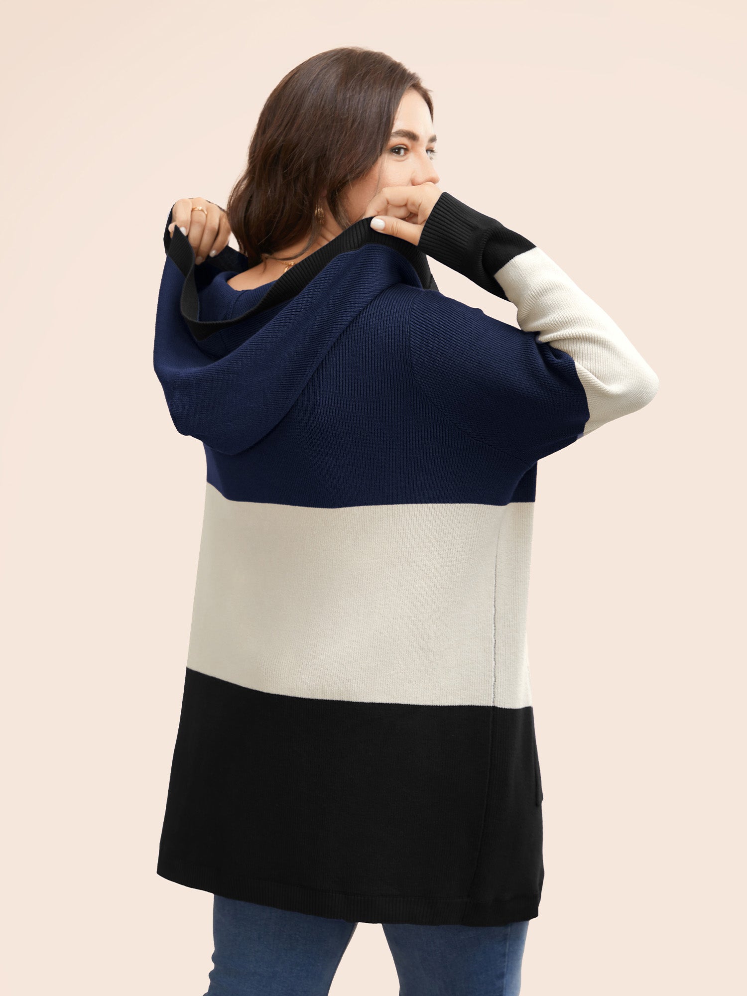 Colorblock Contrast Patched Pocket Hooded Cardigan