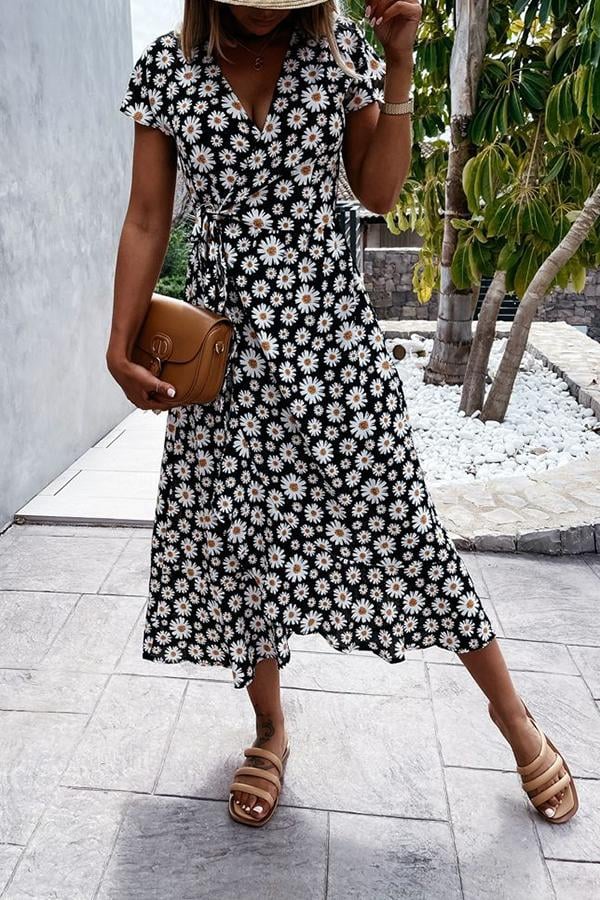 Floral V-neck Wrapped Midi Dress